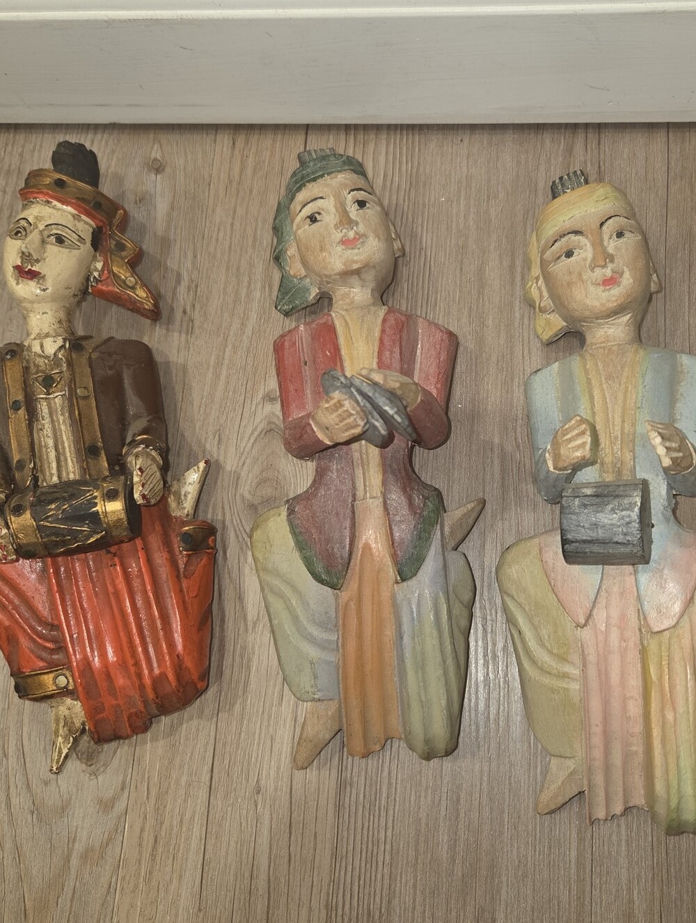 Vintage Asian Carved Wood Musician Wall Art Set of 5